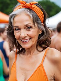 An elderly woman with wrinkled skin wears orange swimsuit at twilight music festival