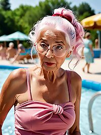 An elderly woman poses at a sunny outdoor waterpark in a pink dress