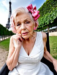 A 75 year old grandmother poses at the Eiffel Tower frail yet elegant