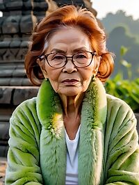 Older woman in green fur coat yoga pants outside Borobudur Indonesia pre dawn hours