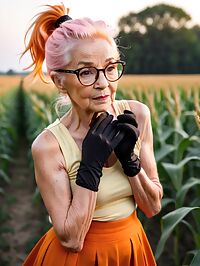 A 95 year old in a yellow shirt and orange skirt poses seductively in a cornfield