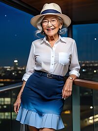 A 90 year old grandmother with wrinkled skin and ombre hair poses in a blue microskirt