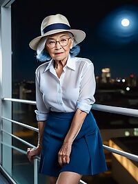 A 90 year old grandmother with wrinkled skin and ombre hair poses in a blue microskirt